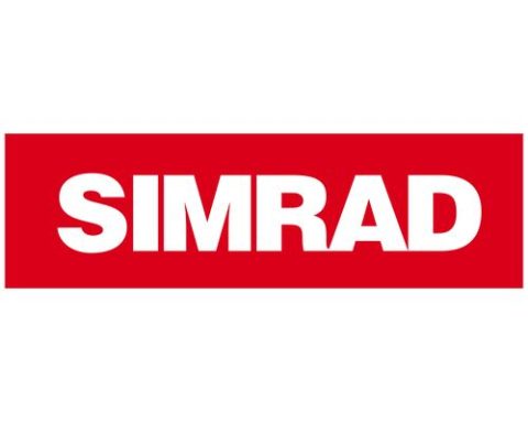 Logo de SIMRAD sur fond rouge avec texte blanc.
